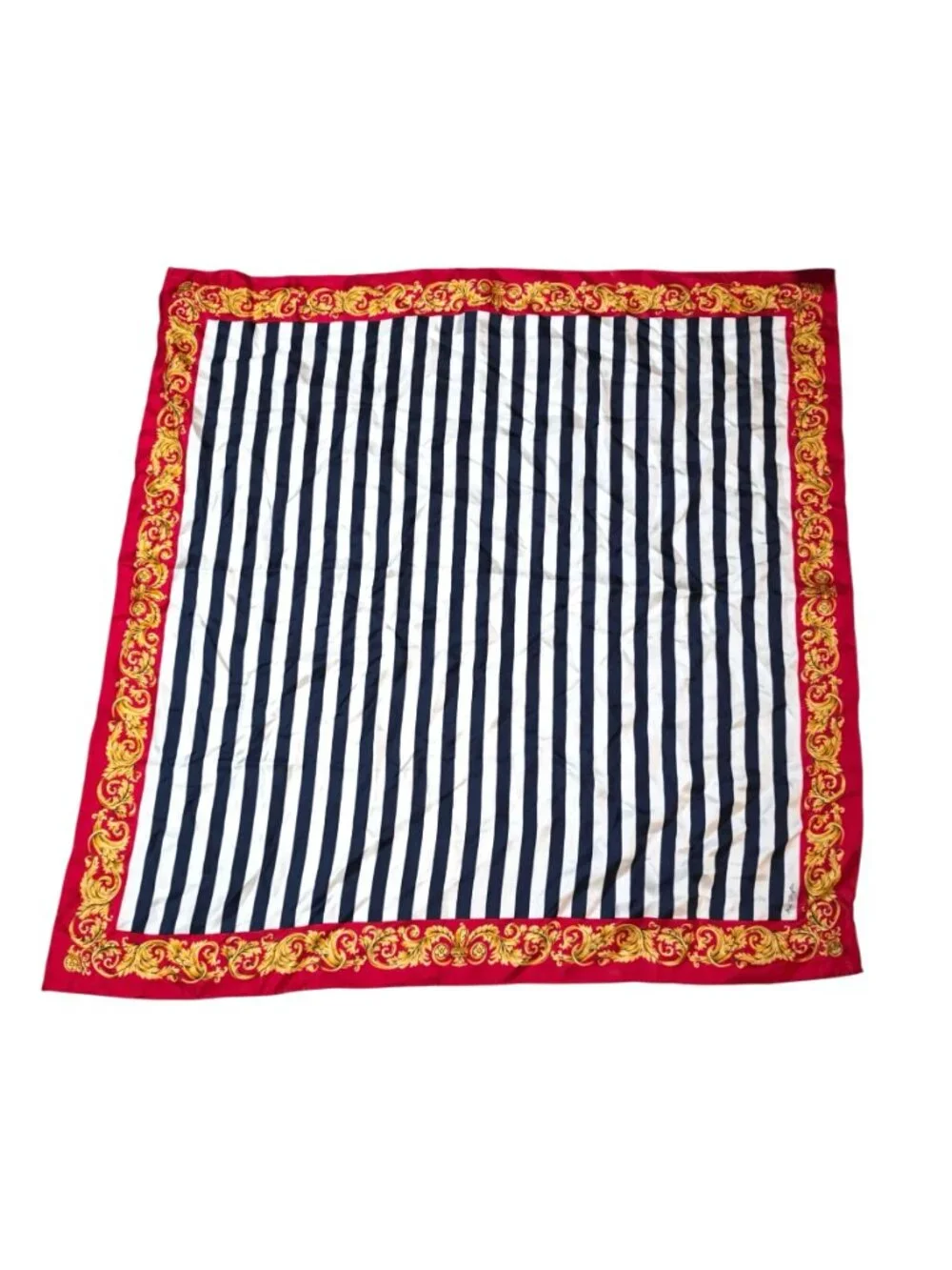 Ann Taylor Silk Scarf Red Gold Ornate Border Navy Stripes Made In Japan Vtg